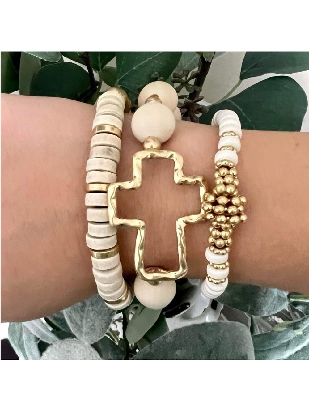 Plunder Design Gold Cross & White Bead Bracelet Set Saved by Grace